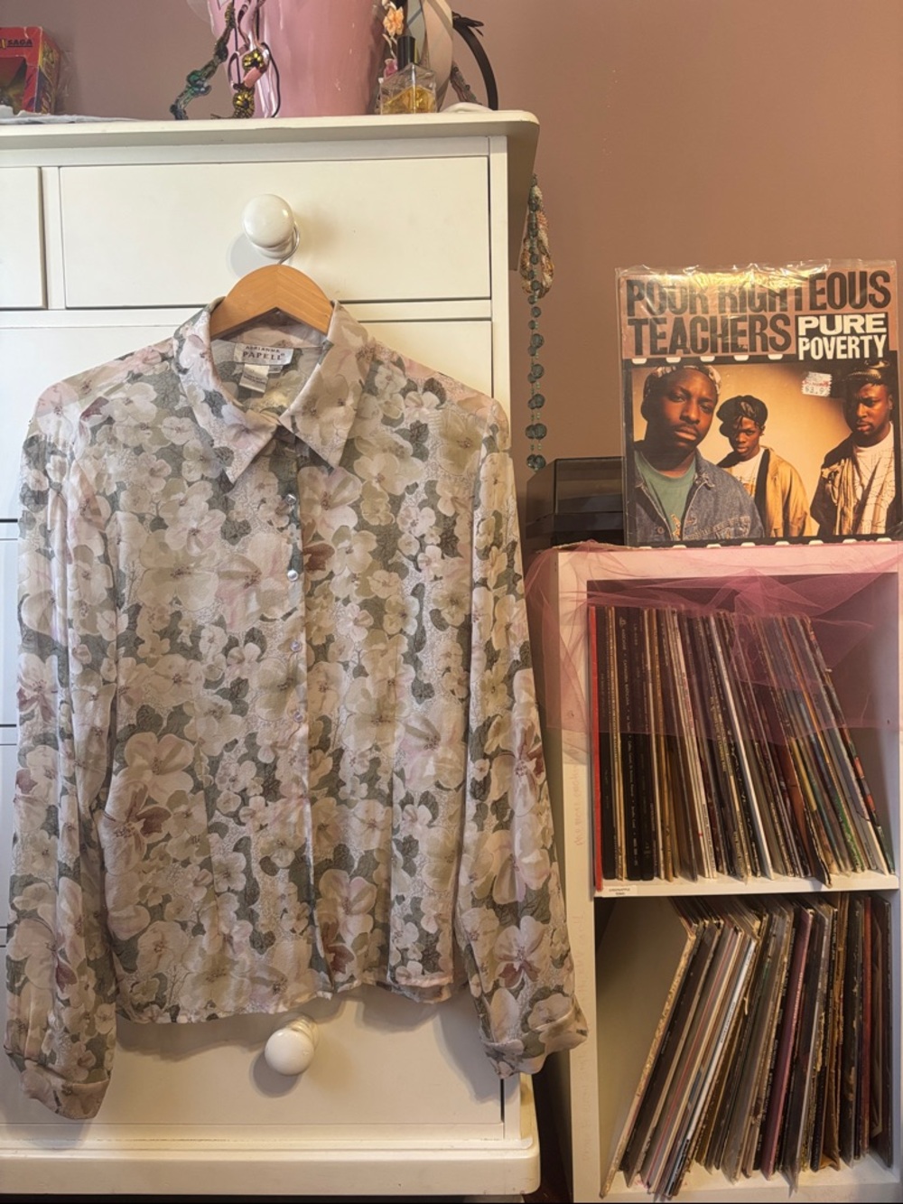 Silk Vintage 90’s Sheer Floral Button-Up Blouse Beaded Printed XL